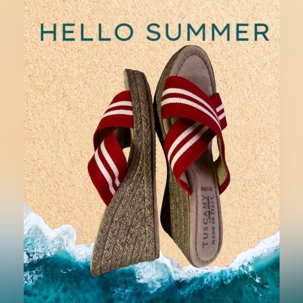 Tuscany By Easy Street Women’s Size 6.5 WW Red Striped Fabric Wedge Sandals